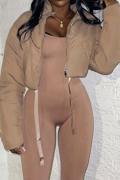 Solid Zip-Up Fitted Cotton Puffer Jacket
