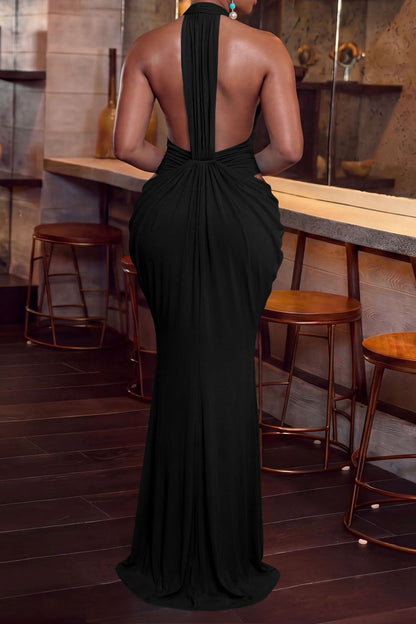 Plunging Halter Beaded Cutout Maxi Dress
