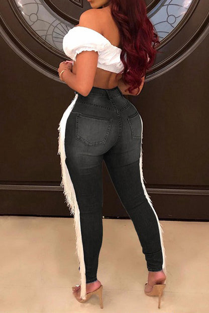 High-Rise Fringe Trim Distressed Skinny Jeans