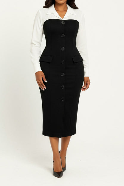 Long Sleeve Blazer Collar Pencil Skirt Dress
