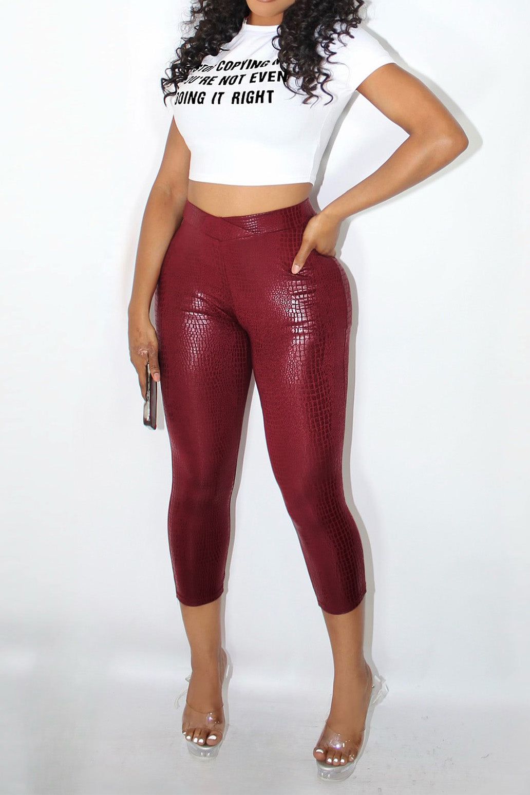 Stretch Faux Leather Cropped Pants