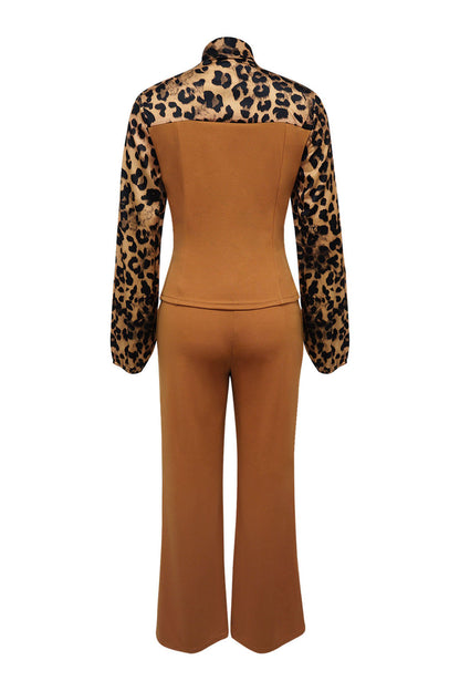Leopard Print Tie-Neck Tailored Top & Wide Leg Pant Set