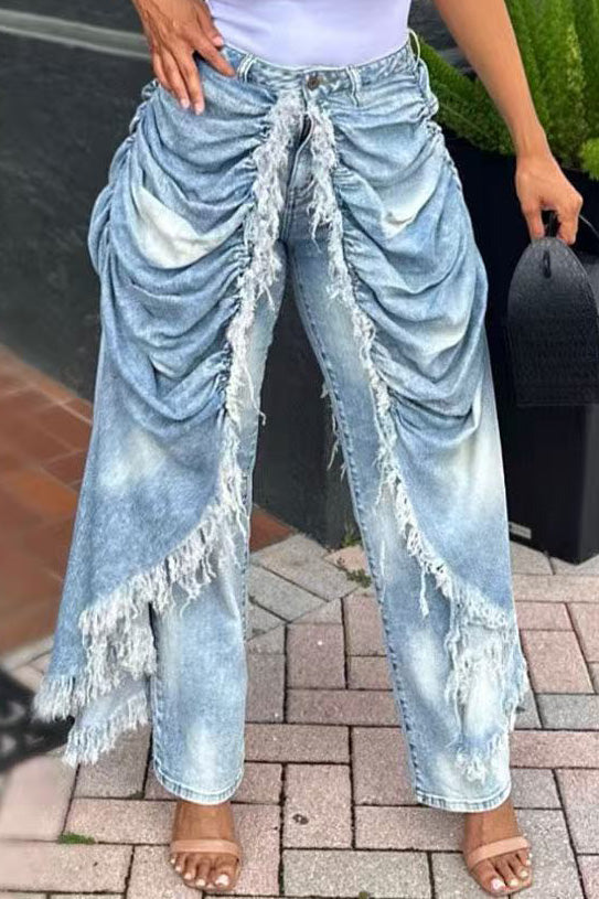 Draped Frayed Overlay Denim Jeans