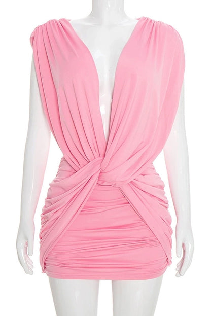 Plunging Twist Front Backless Mini Dress
