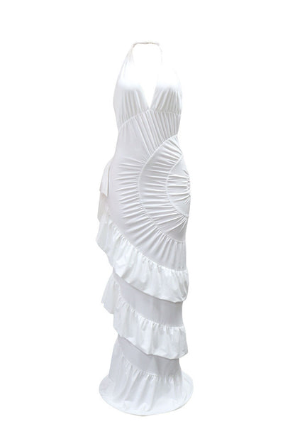 Plunging Halter Ruched Tiered Ruffle Maxi Dress