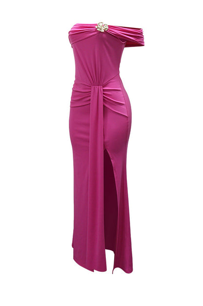 Off-Shoulder Draped Slit Maxi Dress