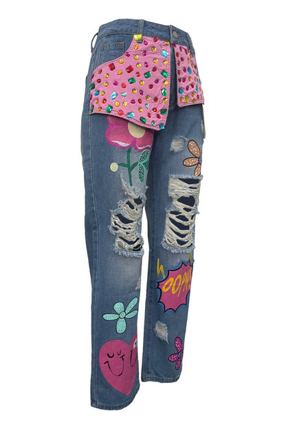 Embroidered Rhinestone Ripped Jeans
