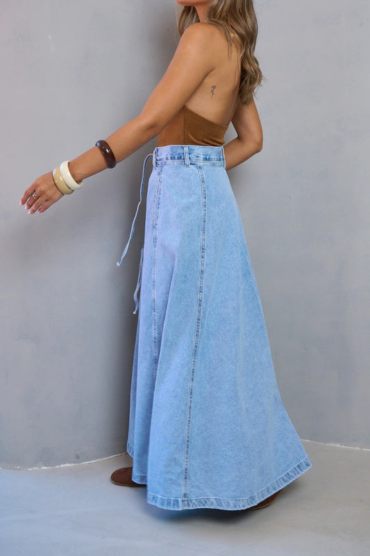 Belted High Waist A-Line Denim Maxi Skirt