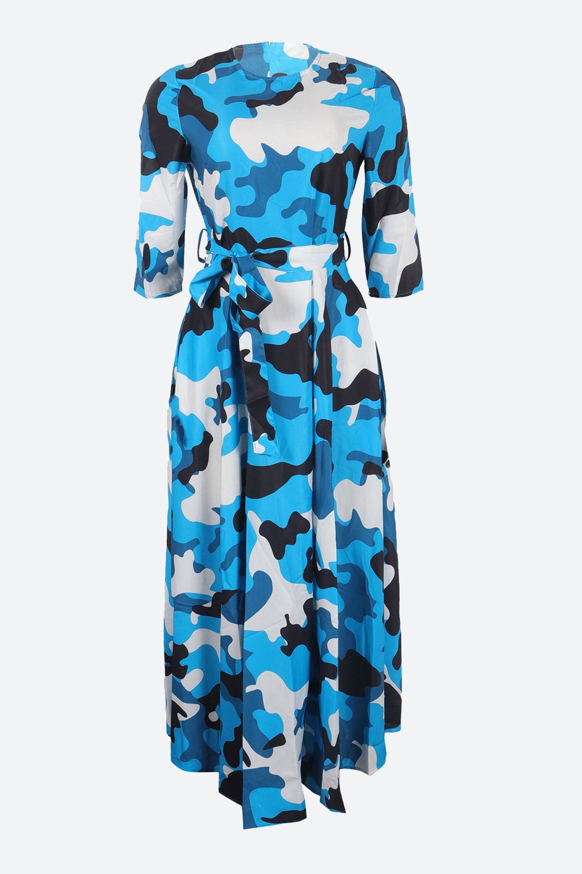 Print Crew Neck Half Sleeve Belted Dress