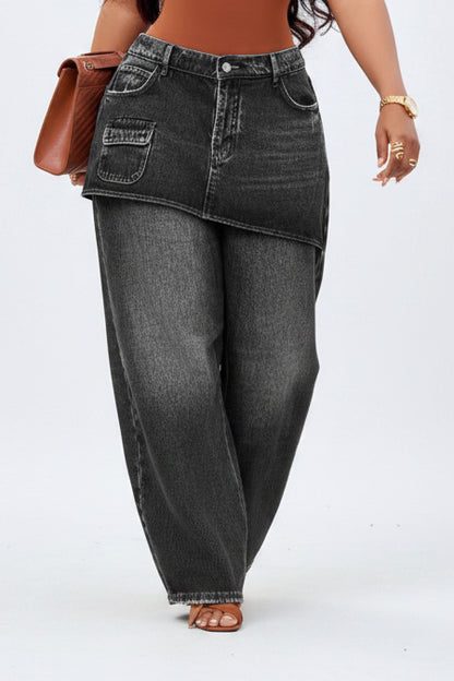 Skirt Overlay Wide Leg Baggy Jeans