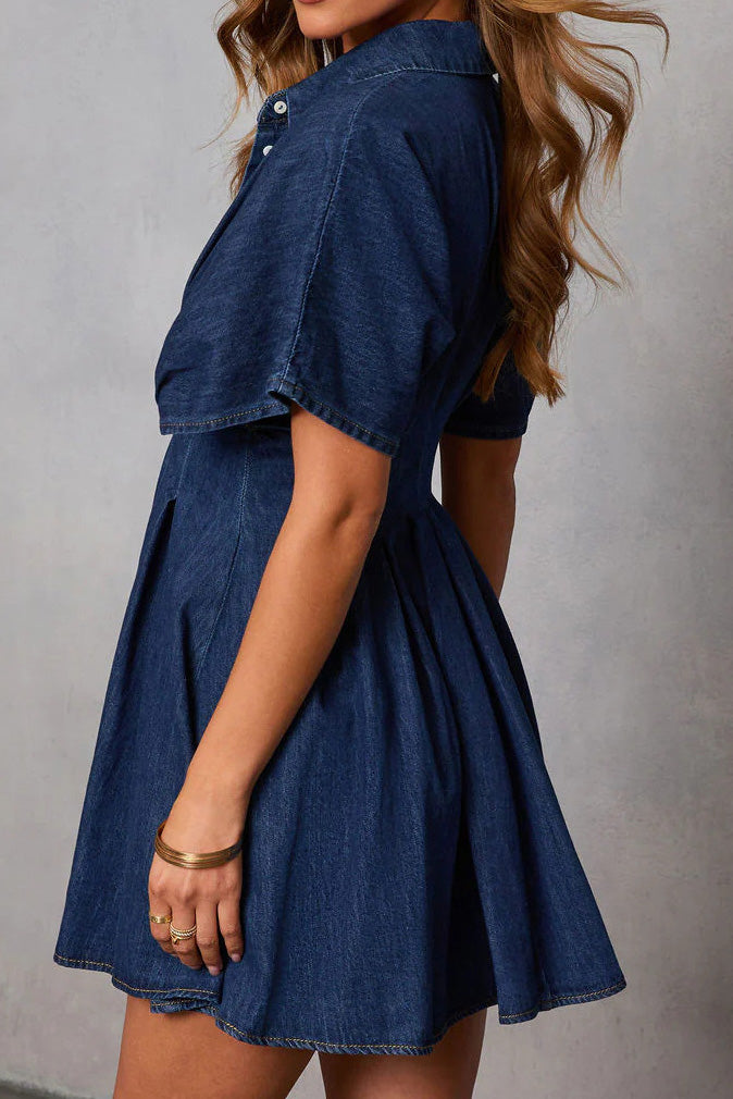 Dark Wash Pleated Waist Denim Mini Dress
