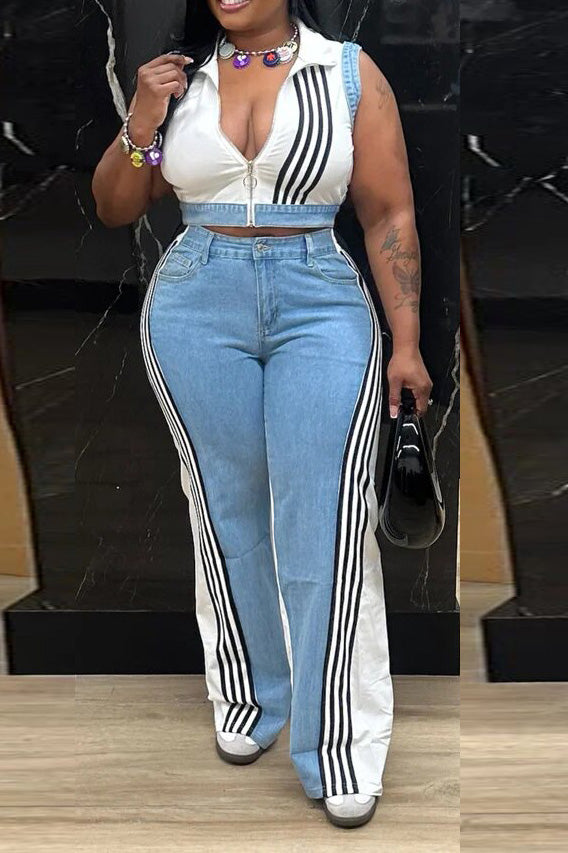 Striped Cropped Top Denim Pant Sets