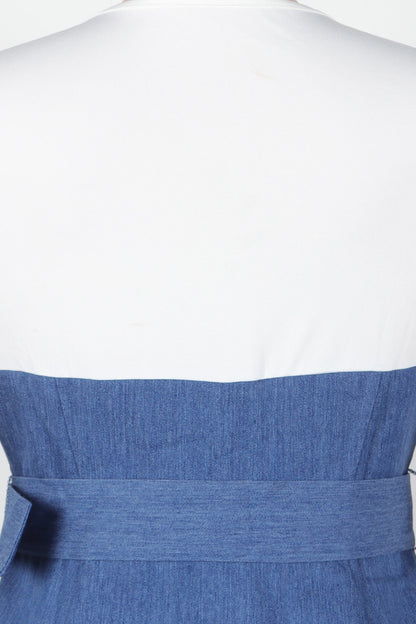 Elegant Denim Patchwork Pocket A-Line Dress