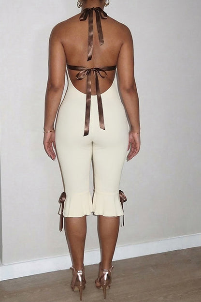 Contrast Halter Ruffle Hem Jumpsuit