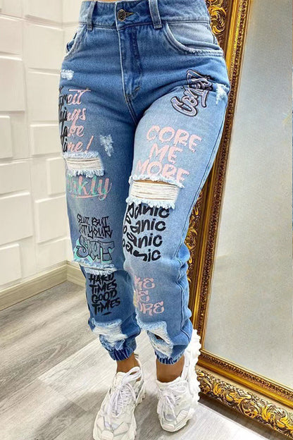 Letter Print Ripped Jeans