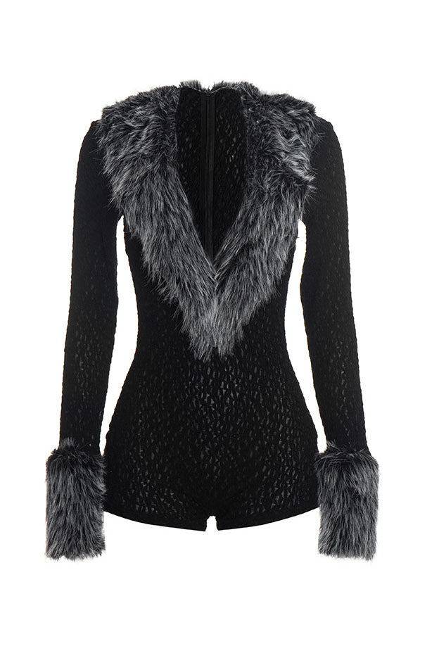 Plush-Trim V-Neck Long-Sleeve Romper