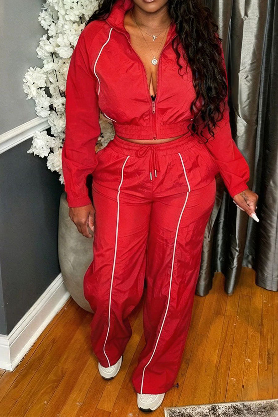Zip-Front Piped Top & Wide-Leg Pants Set