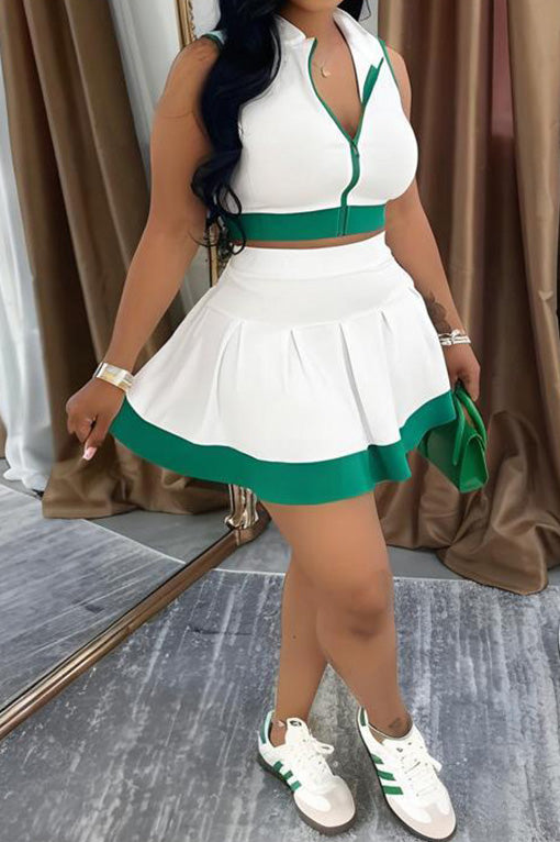 Colorblock Sleeveless Zip Top and Skirt Outfit
