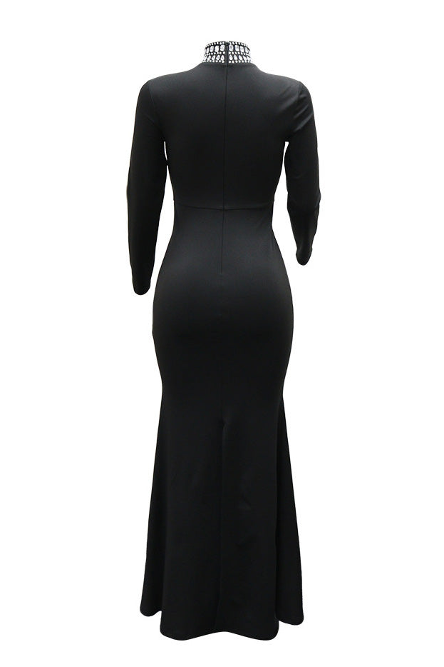Long Sleeve Diamond Fishtail Bandage Maxi Dress
