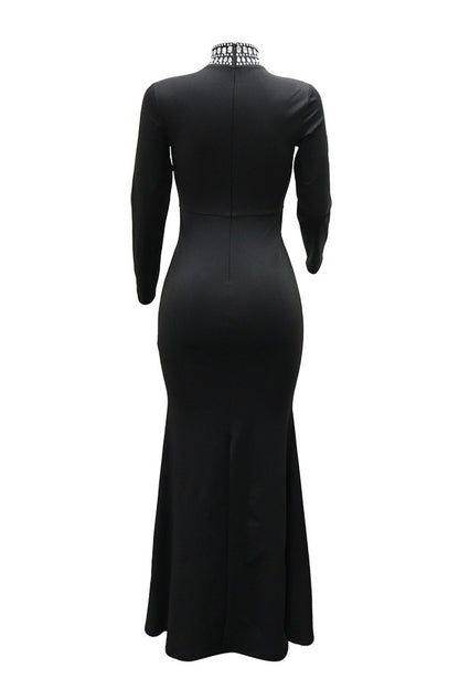 Long Sleeve Diamond Fishtail Bandage Maxi Dress