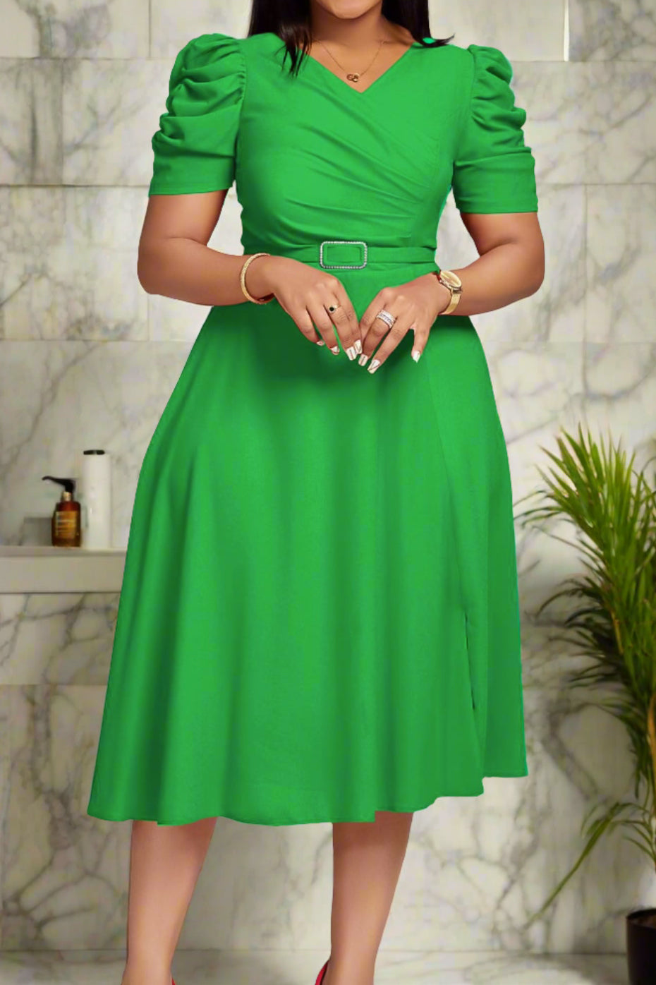 V Neck Short Puff Sleeves High Waist Midi Dress