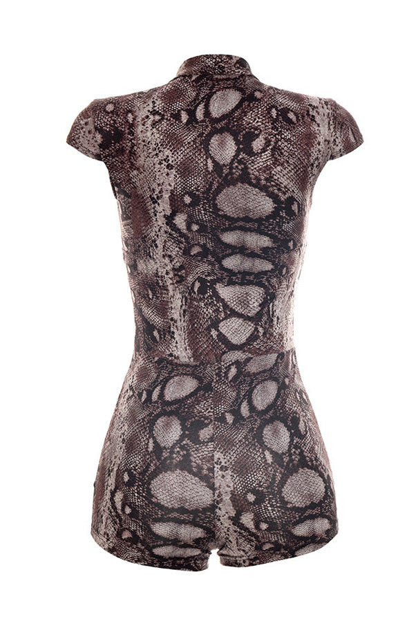 Snake Print Button-Front Bodycon Romper