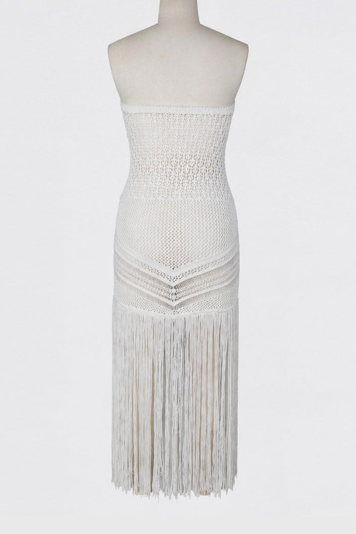 Strapless Crochet Fringe Maxi Dress