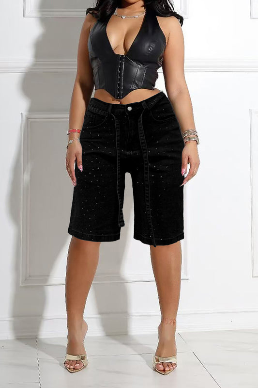 Rhinestone Denim Bermuda Shorts
