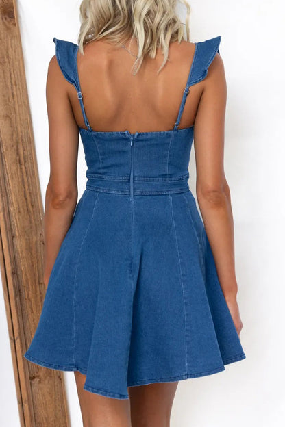 Ruffled Square Neck Denim Mini Dress