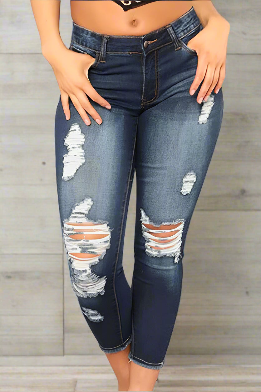 High Waist Stretch Ripped Jeans - Skinny Fit