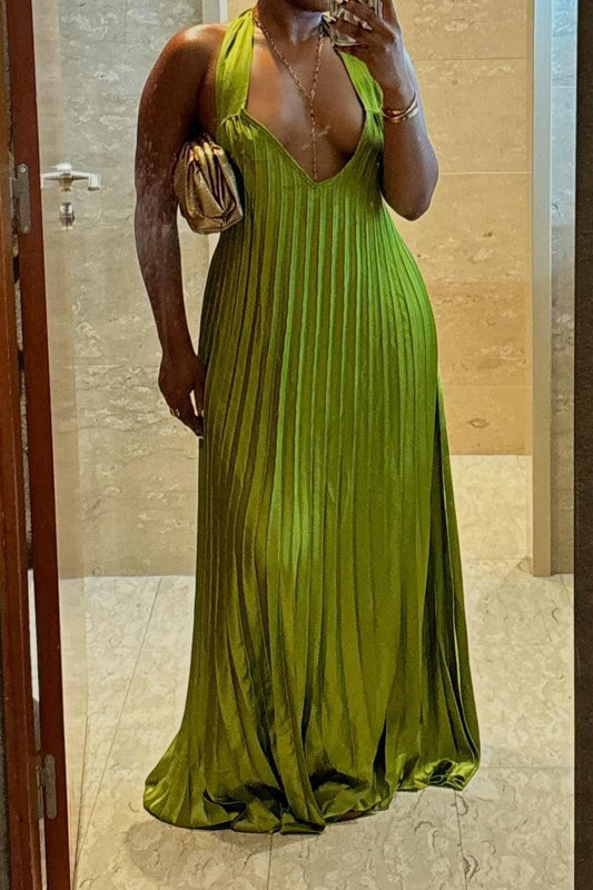 Pleated Halter Plunge Maxi Dress