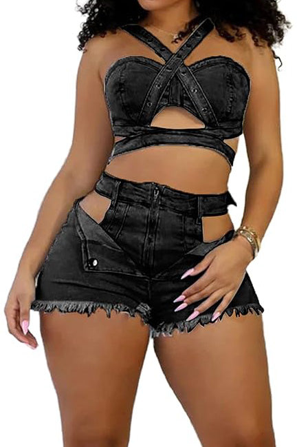 Denim Top & Cut Out Shorts Set