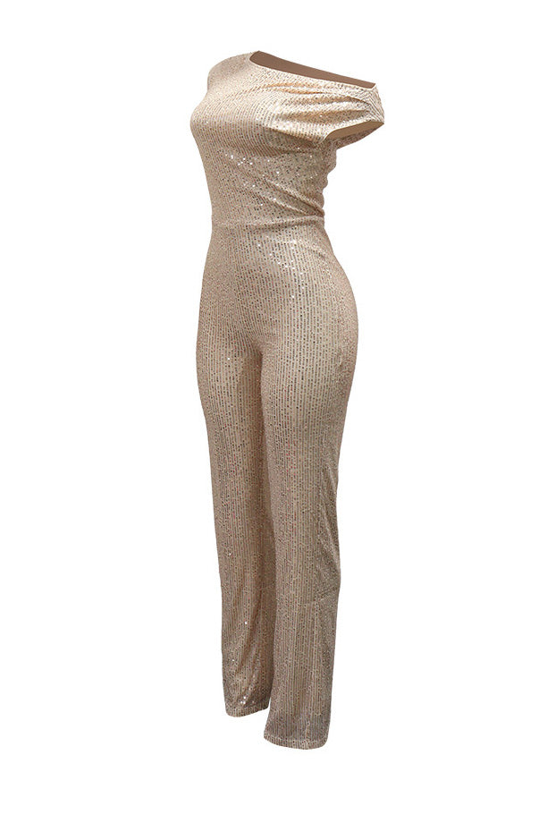 Sequin One-Shoulder Wide Leg Jumpsuit