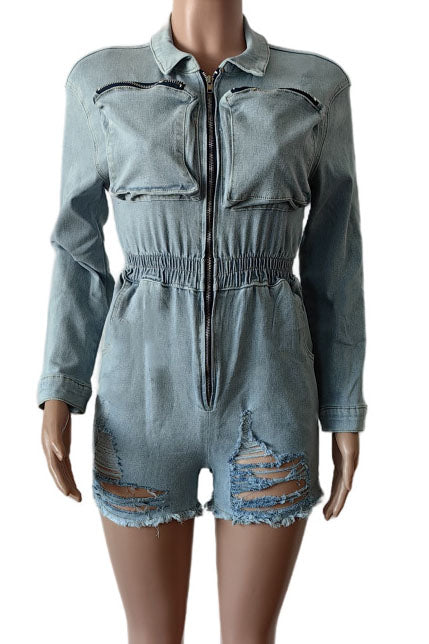 Long Sleeve Stretchy Washed Denim Romper