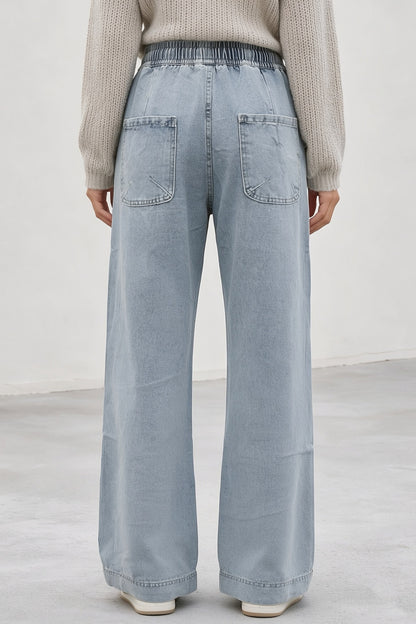 Elastic Waist Non-Stretch Ripped Wide Leg Jeans