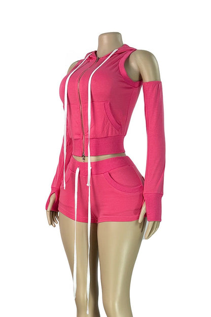 3-Piece Zip Hoodie Shorts & Sleeves Set