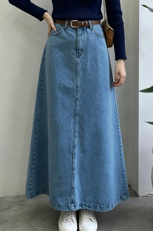 Classic A-Line Denim Maxi Skirt