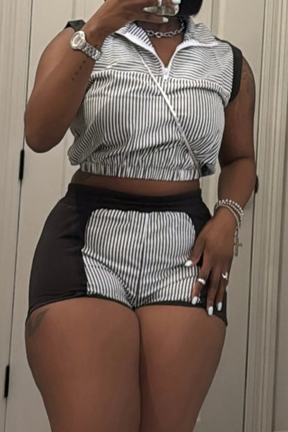 Contrast Panel Striped Half-Zip Top & Shorts Set
