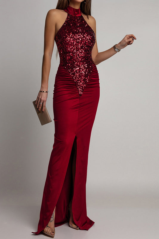 Sequin Ruffle Halter Maxi Dress