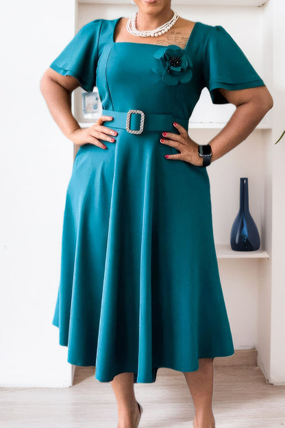 Square Neck High Waist Flared Maxi Dress