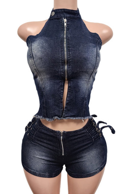 Edgy Zip-Up Halter Denim Set