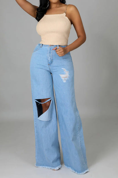 Ripped Fringe Wide-Leg Jeans