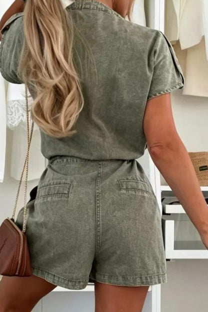 Cap Sleeve Drawstring Denim Utility Romper