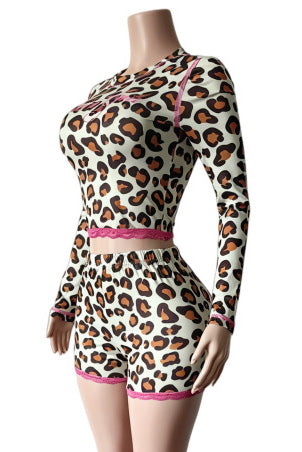 Leopard-Print Lettuce-Trim Top & Shorts Set