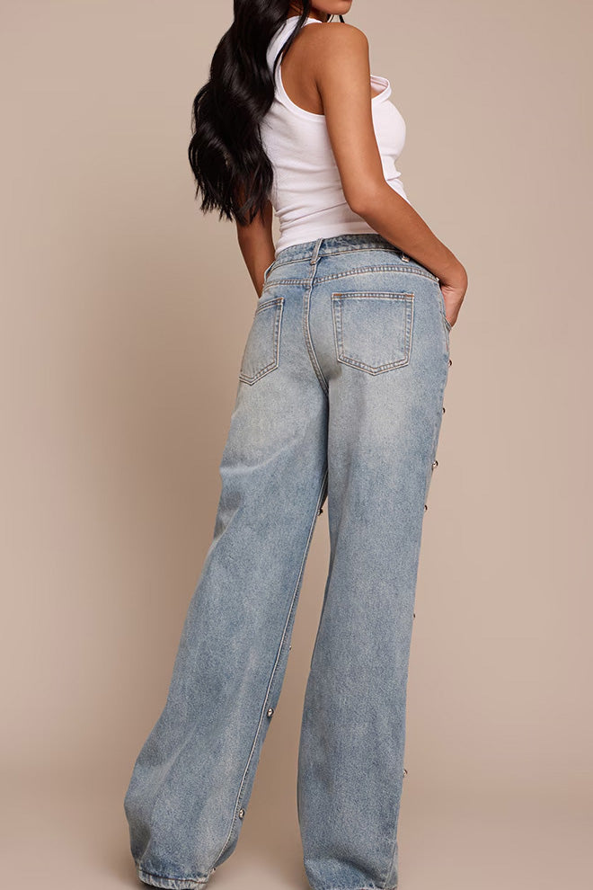 Studded High Waist Straight Leg Jeans