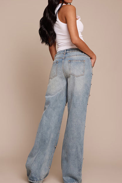 Studded High Waist Straight Leg Jeans