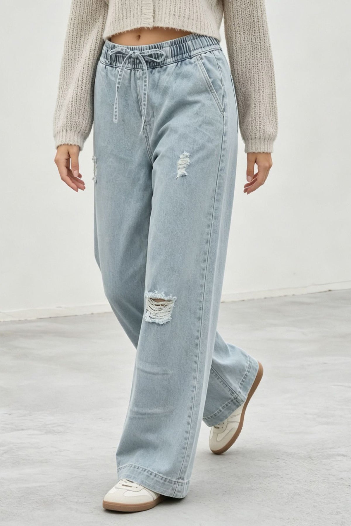 Elastic Waist Non-Stretch Ripped Wide Leg Jeans