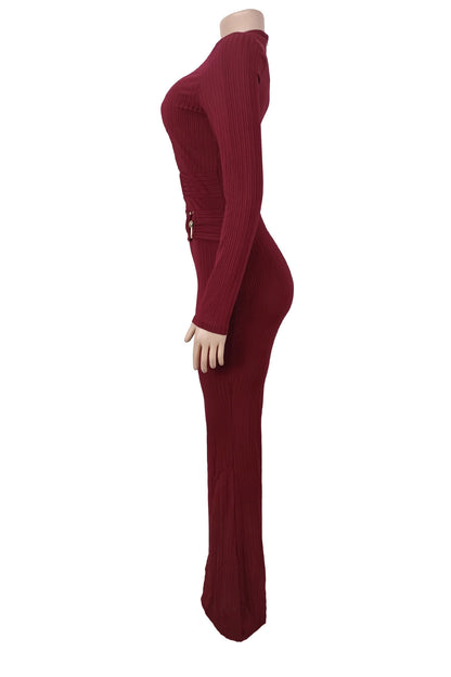 Ribbed Cutout Long-Sleeve Flared Jumpsuit