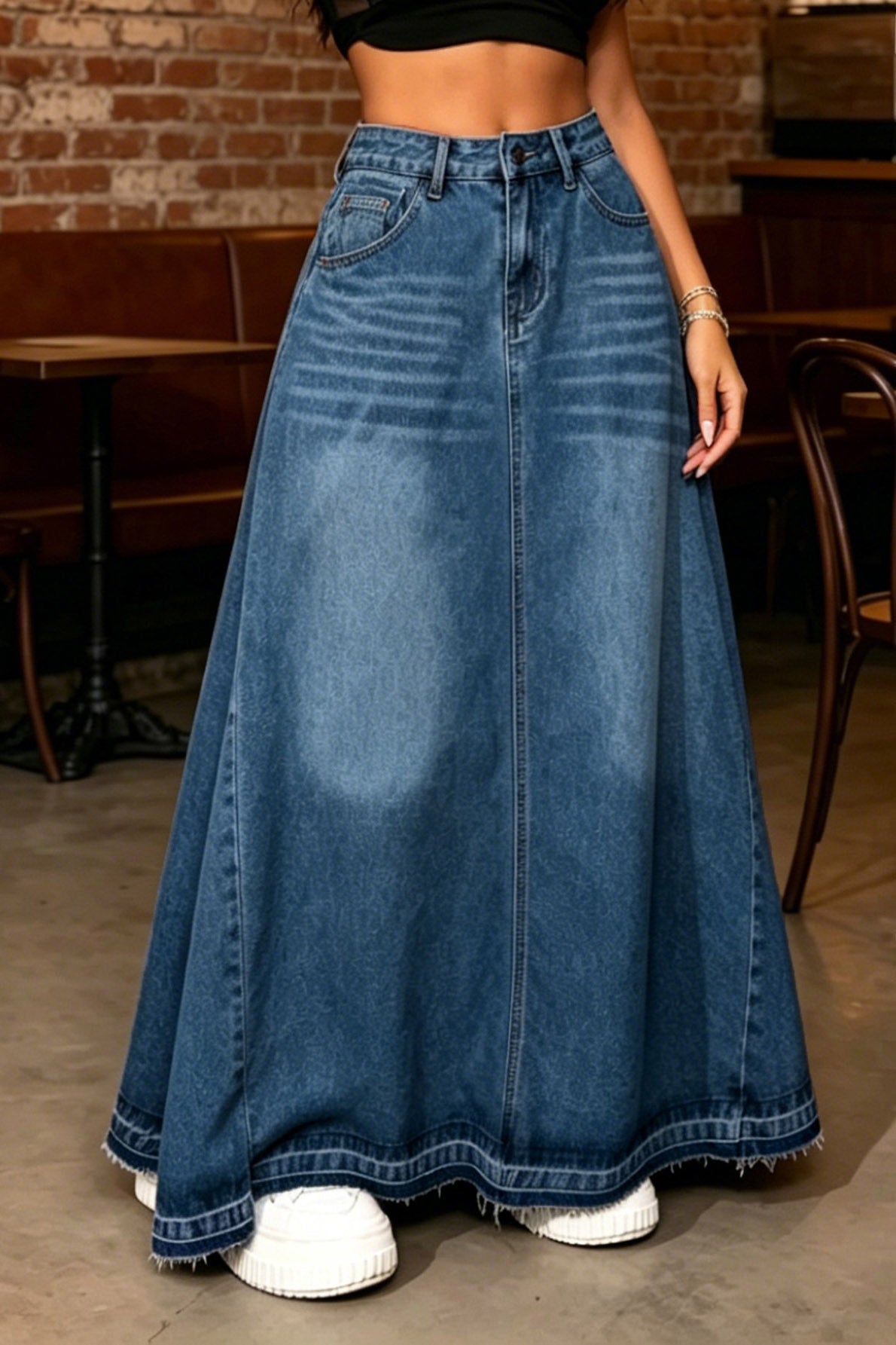 Raw-Hem A-Line Denim Maxi Skirt