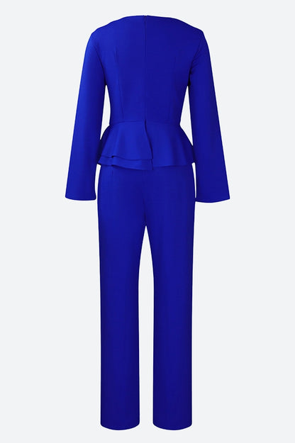 Solid Flounce V Neck Long Sleeve Sets